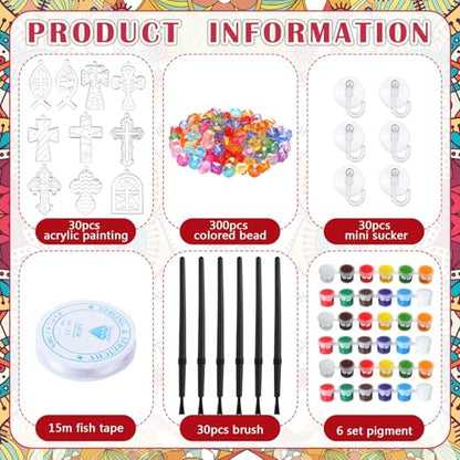WinnerWhy 30 Sets Christian Cross Craft Kits Bulk, Religious VBS DIY Suncatcher Paint Your Own Cross Window Art Ornaments for Sunday School Church Activity Party Supplies Decoration - style: Cross Style