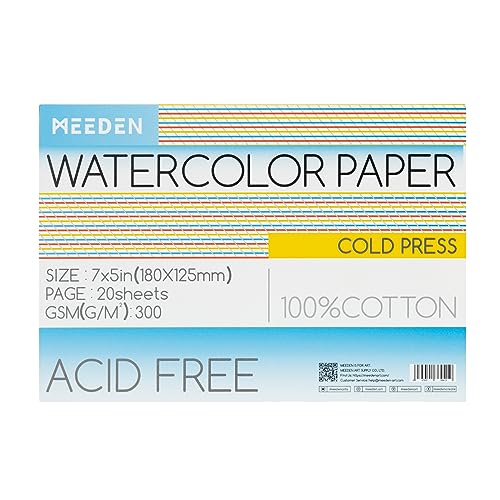 MEEDEN Watercolor Paper Block, 100% Cotton Watercolor Paper Pad of 20 Sheets, 140lb/300gsm, Acid-Free Art Paper for Watercolor, Gouache, Ink and More, 5" x 7" Cold Press - color: Cold Press, size: 5×7"