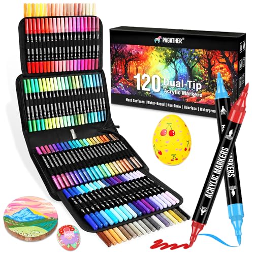 120 Colors Acrylic Paint Markers, Dual Tip Fine and Brush Tips Pens Contain 24 Metallic Color for Stone, Wood, Calligraphy, Canvas, Ceramic, Metal, Glass, Rock Painting, DIY Crafts Art Supplies Kit - color: 120 Colors