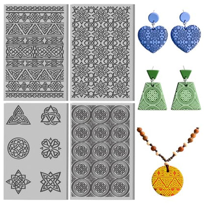 4 Sheets Geometric Patterns Clay Texture Mat Geometric Textures Polymer Clay Texture Sheets DIY Tools for Pottery Earring Jewelry Making Stamp Engraving Machines, 3.9x2.6inch - color: Geometric Patterns