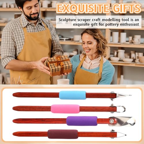 Lanties 4 Pcs Pottery Carving Tool Set Sculpture Scraper Craft Modelling Tools Red Pear Wood Texture Handle with Stainless Steel Blade for Clay Carving, Ceramic Sculpting, Graffito (Wonderful Color) - color: Wonderful Color