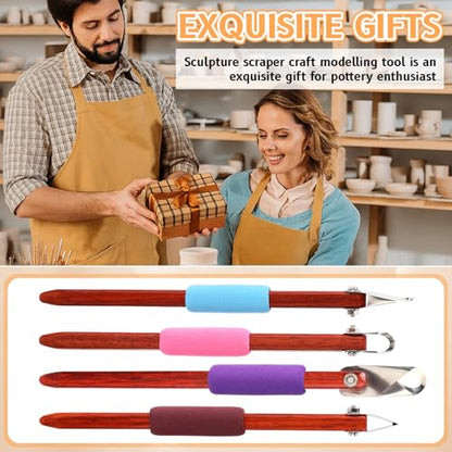 Lanties 4 Pcs Pottery Carving Tool Set Sculpture Scraper Craft Modelling Tools Red Pear Wood Texture Handle with Stainless Steel Blade for Clay Carving, Ceramic Sculpting, Graffito (Wonderful Color) - color: Wonderful Color