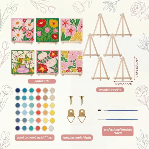 YooNotee 6 Pack Flowers Paint by Numbers Kit on Canvas with Wooden Easels & Brushes, 8x8 Inch Canvas Art Set for Adults DIY Flowers Acrylic Painting for Home Wall Decor - style: Flower