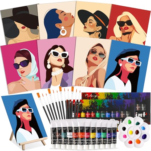 Cholemy 36 Pcs Paint and Sip Kit for Adults 8''x10'' Pre Drawn Canvas for Painting DIY Afro Acrylic Painting Kit Wood Easel Brushes Date Night Bulk for Summer 4th of July Party Gift(Modern Woman) - style: Modern Woman