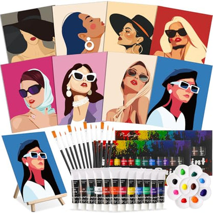Cholemy 36 Pcs Paint and Sip Kit for Adults 8''x10'' Pre Drawn Canvas for Painting DIY Afro Acrylic Painting Kit Wood Easel Brushes Date Night Bulk for Summer 4th of July Party Gift(Modern Woman) - style: Modern Woman