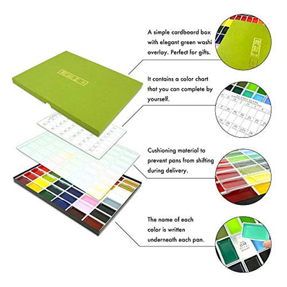 Kuretake GANSAI TAMBI Watercolor Paint Set 48 Colors with 3pcs Water Brush Pens,Professional-Quality, for Artists, Beginners, kids, Non-Toxic, Made in Japan