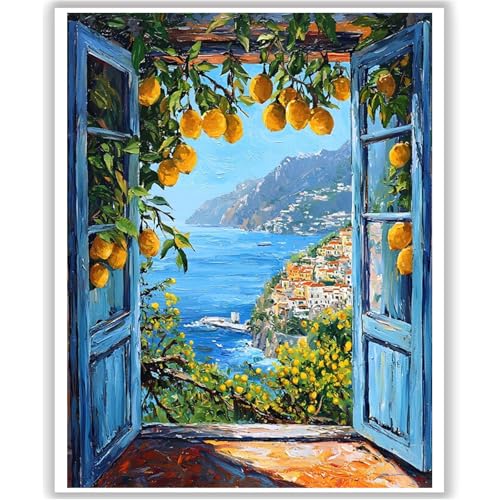 HITO Paint by Numbers Kit for Adults Seaside Scenery - Adult Paint by Number Kits Attic windowsill for Gift Home Wall Decor 16x20 Inch - color: Seaside Scenery