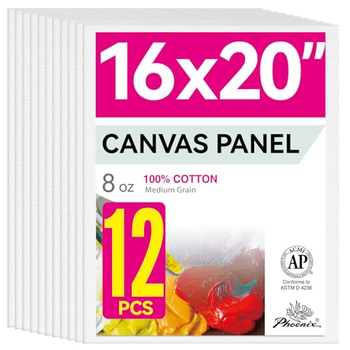 PHOENIX Large Painting Canvas Panels - 16x20 Inch, 12 Bulk Pack - 8 Oz Triple Primed 100% Cotton Acid Free Canvases for Painting, White Blank Flat Canvas Boards for Acrylic, Oil Paints - color: White - Bulk Pack, size: 16"x20"