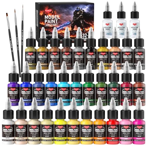 Smallbudi 32 Colors Model Paint Set (20ml/0.6oz), Modeling Acrylic Paint Set with 3 Brushes and 3 Thinner for Brush Use & Airbrushing, Miniature Paint Set for Models, Gaming Figures, 3D Prints, Crafts - color: 32 Colors with 3 Thinner