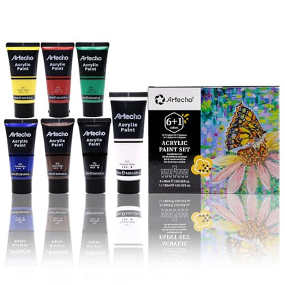 Artecho Acrylic Paint Set, 7 Primary Colors - 6x2.02oz/60ml & 1x4.05oz/120ml Titanium White Tubes, Art Craft Paints for Canvas, Rock, Wood, Fabric, Art Supplies - color: 7 Basic Colors, style: Regular