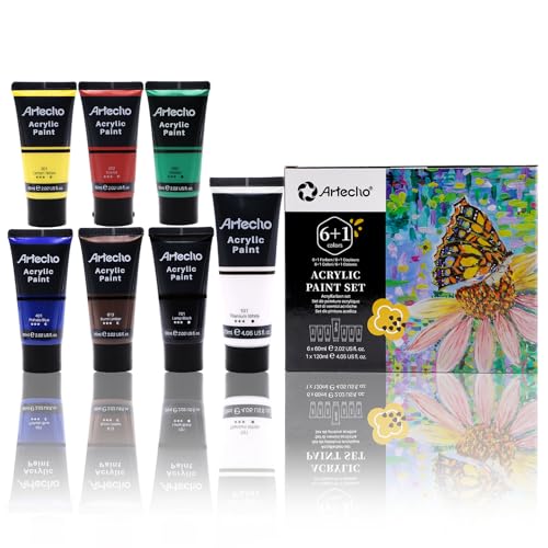 Artecho Acrylic Paint Set, 7 Primary Colors - 6x2.02oz/60ml & 1x4.05oz/120ml Titanium White Tubes, Art Craft Paints for Canvas, Rock, Wood, Fabric, Art Supplies - color: 7 Basic Colors, style: Regular