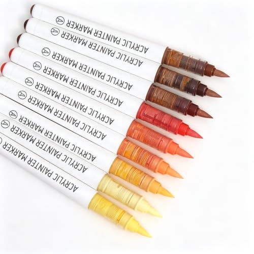 languo Acrylic Paint Markers, 9 Red Yellow Series Colors Acrylic Paint Pens, Soft Brush Tip Marker with Water Based Ink for Rock Painting, Wood, Glass, Fabric, DIY Art and Craft - color: Red Yellow Series