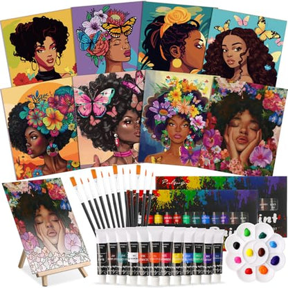 Cholemy 36 Pcs Paint and Sip Kit for Adults 8''x10'' Pre Drawn Canvas for Painting DIY Afro Acrylic Painting Kit Wood Easel Brushes Date Night Bulk for Summer 4th of July Party Gift(Flowers Woman) - style: Flowers Woman