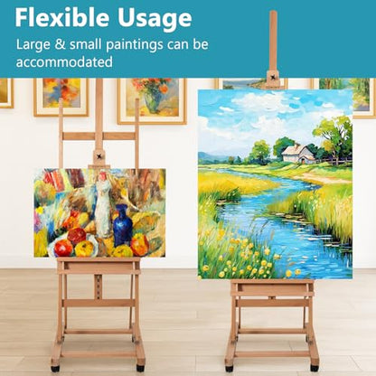 H-Frame Studio Easel, Beechwood Artist Easel with Wheels and Storage Tray, Adjustable Floor Easel Stand Holding Canvas up to 51Inches for Painting, Natural - style: Natural