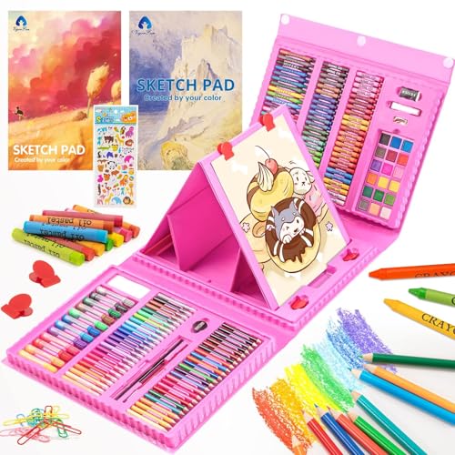 VigorFun Art Supplies, 240-Piece Drawing Art Kit, Gifts for Kids Girls Boys Teens, Art Set Crafts Case with Double Sided Trifold Easel, Includes Sketch Pads, Crayons, Colored Pencils (Pink) - color: Pink