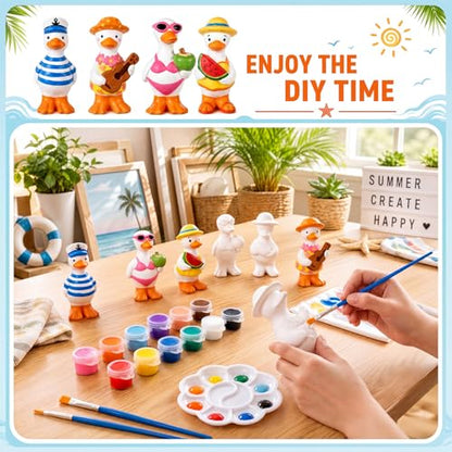 Soulchen 17 Pcs Paint Your Own Summer Beach Goose Ceramic Paint Craft Set Include 12 Unpainted Ceramic Geese, 2 Strips of Paints with 2 Brushes 1 Palette Toys Gift for Birthday Christmas - style: Summer Goose