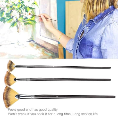 3pcs Fan Shape Painting Brushes,Soft Anti-Shedding Artist Long Hands Painting Brushes Nylon Hair Watercolor Paint Brush Set with Wooden Handle