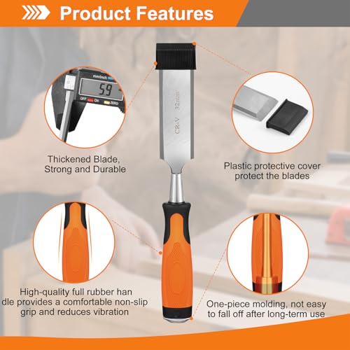 KINGBRO Wood Chisel, 6 Pcs Wood Carving Chisels for Woodworking Tools, Durable Carbon Steel PP+TPR High Impact Handle Wood Chisel Sets Gifts for Woodworkers Carpenter Craftsman, 6/12/19/25/32/38mm