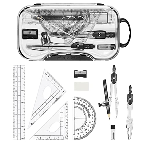 Unjoo Math Geometry Kit Sets 10 Piece Student Supplies with Shatterproof Storage Box,Includes Rulers,Protractor,Compass,Eraser,Pencil Sharpener,Lead Refills,Pencil,for Drafting and Drawings（Black） - color: Black