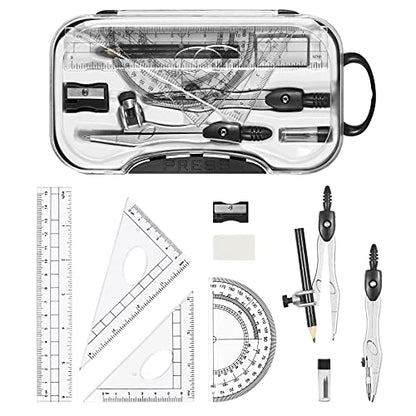 Unjoo Math Geometry Kit Sets 10 Piece Student Supplies with Shatterproof Storage Box,Includes Rulers,Protractor,Compass,Eraser,Pencil Sharpener,Lead Refills,Pencil,for Drafting and Drawings（Black） - color: Black