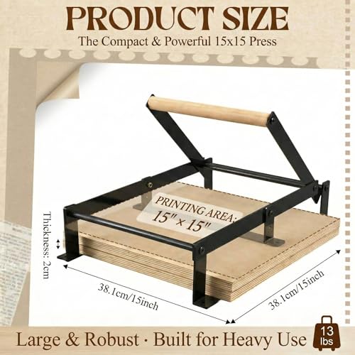 15 x 15 in Black Printing Linocut Hand Lever Press Machine with Roller and Felt Pads for Lino Cut, Cutting Print, Linoleum Block Printmake Tool Kit for Art Student and Professional Printmakers - size: 15 x 15 Inch