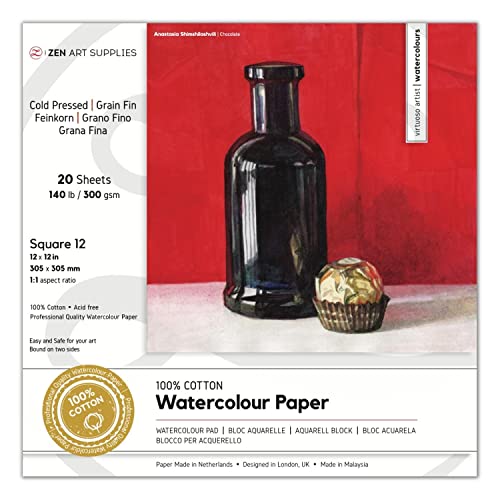 Watercolor Paper Block 12x12 in – ZenART 100% Cotton Watercolor Paper, Cold Pressed 140 lb / 300 GSM, Acid-Free, 20 Sheets, Thick Absorbent, Artist Grade for Water Color, Gouache and Other Wet Media - size: 12"x12" Square 12