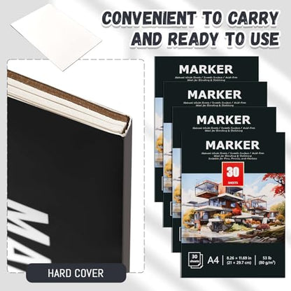 Kosiz 4 Pcs Marker Paper Pad 120 Sheets 8.27 x 11.69 Inch Total Marker Paper 80 GSM Marker Paper Sketchbook Marker Sketchbook Bleedproof Marker Pad for Drawing Coloring Alcohol Markers Art Gift