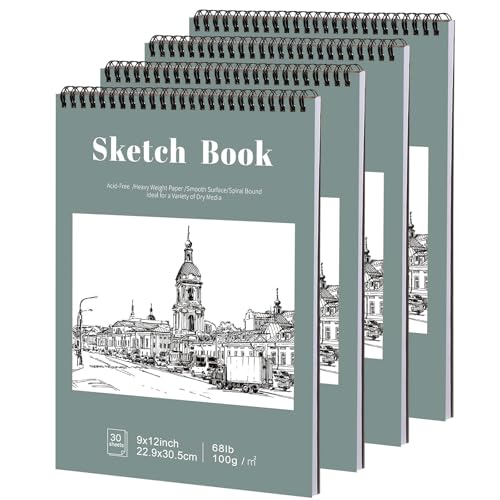 4 Pack Sketch Book, 9 x 12 Inch Sketchbook, 68lb/100gsm Top Spiral Bound Sketch Pad, Acid Free Art Supplies Drawing Painting Sketching Paper for Kids, Adults, Beginners, Artists (30 Sheets Each) | 100gsm/68lb paper, hardcover backboard, lay-flat top spira