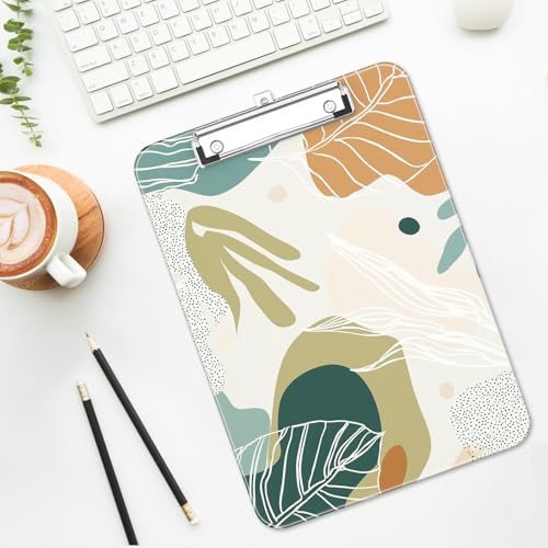 Plastic Cute Clipboard Low-Profile Metal Clip, A4 Letter Size 9 x 12.5 in, 8.5 x 11 Paper Clip Board for Teachers, Nurses, Classroom,Boho Leaves - color: Boho Leaves