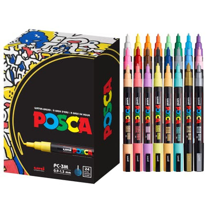 posca Paint Markers, 3M Fine Point Acrylic Paint Pens with Reversible Tips, Art Supplies For Gifts, Decorations, Fabric, Metal, Glass, Wood and Canvas, Set of 24