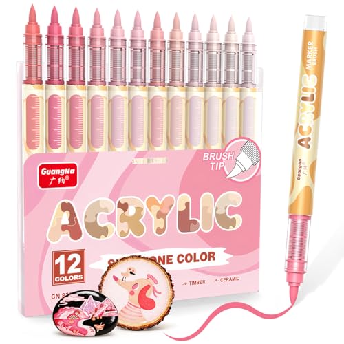 Guangna 12 Skin Tone Acrylic Paint Markers, Pink Brush Tip Acrylic Paint Pens for Pumpkin Paint, Rock Painting, Wood, Glass, Paper, Coloring Book, Ceramic, Canvas, DIY Crafts, Water-Based Ink - color: Pink Skin