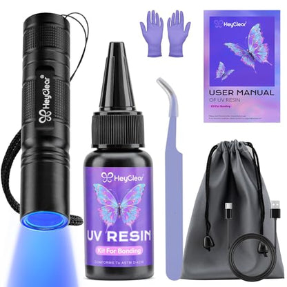 HeyClear UV Resin Kit with Light -Fast Curing, Bonding in Seconds 30g UV Glue Adhesive with Flashlight for Plastic&Glass Repair, DIY Craft Decor - size: 30g