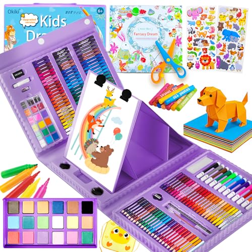 Art Supplies,297 Pack Art Set Drawing Kit for Girls Boys Artist, Deluxe Gift Art Box with Trifold Easel,Includes Oil Pastels, Crayons, Colored Pencils, Coloring Book, Scissors, Origami Paper 40 Sheets - color: Purple