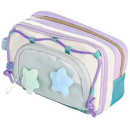 Portable Multi-Layer Kawaii Star Pencil Case Organizer - Large Capacity Pencil Case with Compartments - Cute Pencil Pouch Functional Bag (Purple) - color: Purple