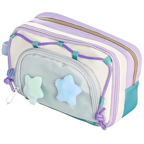 Portable Multi-Layer Kawaii Star Pencil Case Organizer - Large Capacity Pencil Case with Compartments - Cute Pencil Pouch Functional Bag (Purple) - color: Purple