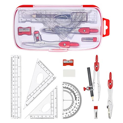 Vobou Math Geometry Kit Sets 10 Piece Student Supplies with Shatterproof Storage Box,Includes Rulers,Protractor,Compass,Eraser,Pencil Sharpener,Lead Refills,Pencil,for Drafting and Drawings（Red） - color: Red