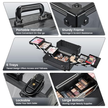 FRENESSA Makeup Train Case Makeup Case 11.8 Inch Large Cosmetic Box Organizer Travel Storage Professional Make Up Train Carrying Case with 6 Trays Locking Hard Vanity Storage Dark Black - color: Dark Black