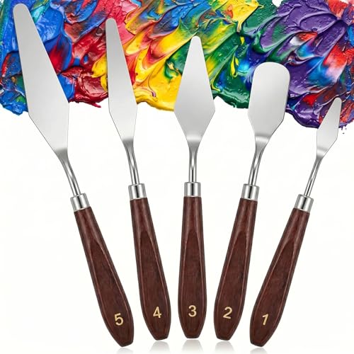 5pcs Palette Knife Painting Stainless Steel Spatula Wood Handle | Oil Paint Knives, for Oil Painting, Acrylic Painting, Paint Mixing, Texture Art, Canvas and Artist Use