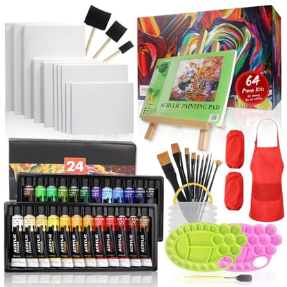 Colorful Acrylic Painting Kit | 64 Piece Painting Set with Walnut Easel, 24 Colors Acrylic Paint, Canvas, Palette, Brushes, Apron and Sleeve Set | Art Painting Supplies Kit - color: 64PCS+24Colors/12 ml