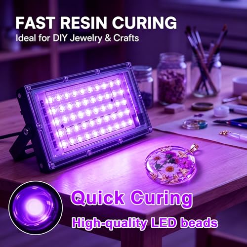 Feghezja UV Light for Resin, Portable UV Black Light, 50W Fast 3D Printer Curing UV Lamp, Jewelry Making Supplies for Resin UV, DIY Craft, Glow Party, Fluorescent Poster, Halloween, Body Paint - size: 50W