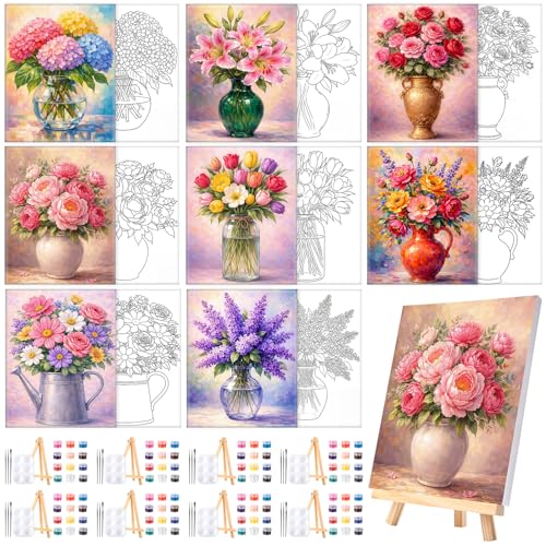 8 Sets 8" x 10" Flower Vases Pre Drawn Canvas for Painting for Sip and Paint Party Floral Vase Predrawn Coloring Set Pre Sketched Canvas Boards with Paints and Brushes for Adult - style: Flower Vase