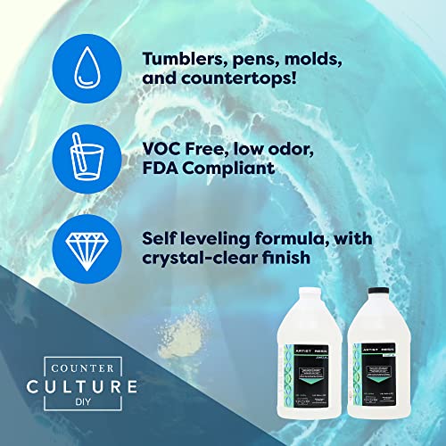 Counter Culture DIY Clear Artist Resin, 1 Gallon Kit, Art Epoxy Supplies for Metallic Stains Acrylic 100% Solids Easy Coat No VOCs Scratch UV Heat Resistant to 500 Degrees - size: 1 Gallon Kit