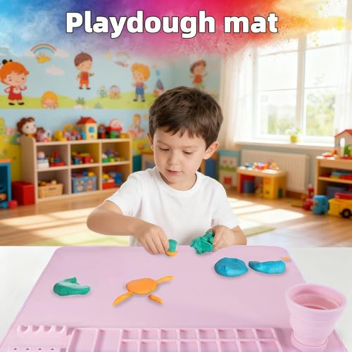 Silicone Painting Mat, 20"X16" Craft Mat,Large Art Mat with Built in Cup and Paintbrush Holder, Nonslip Clay Mats, Color Dividers Silicone Mats for Painting, Table, Resin and DIY Pink - color: Pink