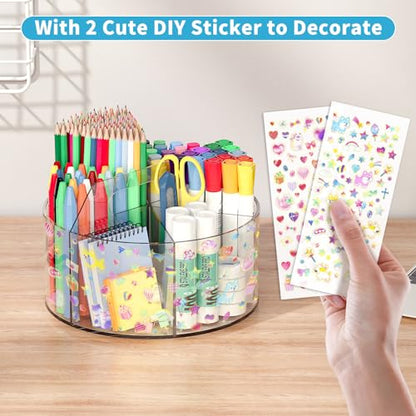 Acrylic Pen Holder with 2 Adhesive DIY Stickers, Desk Organizer Marker Holder with Cute Sticker, 360 Degree Office Supply Organizer Clear Pencil Holder Kid Art Supply Storage Organizer 6 Compartments - size: Large x2 sticker
