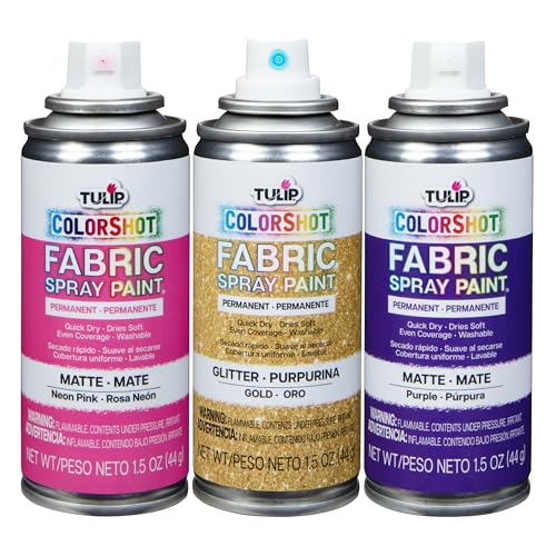 TULIP ColorShot Fabric Spray Paint, 3 Pack Jewel Tone Gem Colors Neon Pink, Glitter Gold, Purple