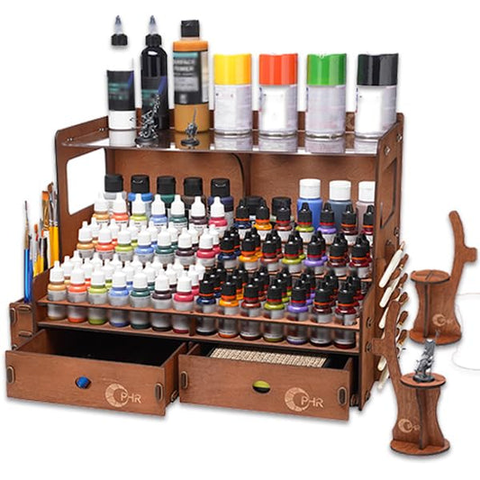 OPHIR Paint Organizer, Wooden 104 Holes Paint Holder with 26 Brush Holes, 1 Brush Holder with 6 Slots, 2 Painting Handles, 2 Drawers for Miniature Paints Storage, Paint Holes Dia.1.02 & 1.42 Inches - color: (Dia.1.02" & 1.42")104 Paint Holes+2x Paint Brus