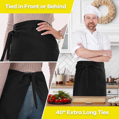 ROTANET Long Server Apron Black with 3 Pockets Bistro Half Aprons for Men Women Waiter Waitress Chef 28 Inch Waterproof - color: Black