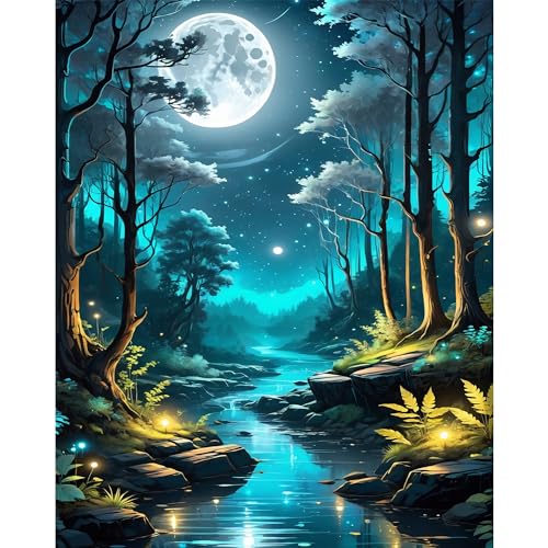 xackcme Moon Paint by Numbers for Adults - Landscape Paint by Number on Canvas Without Frame, DIY Forest Scenery Oil Painting for Gift Home Wall Decor (16x20 inch) - color: MT12147