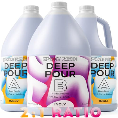 INCLY Deep Pour Epoxy Resin 3 Gallon Kit, 2 to 4 Inch Depth Deep Pour Resin, High Gloss & Bubbles Free for Art Craft River Table, Wood Filler, Bar Top, Coating, Casting, Self Leveling Epoxy Resin 2:1 - size: 3 GALLON