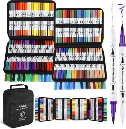 Ohuhu Markers for Adult Coloring Books No Bleeding 160 Colors Water-based Dual Tips Fineliner & Brush Coloring Markers for Kids Adults Beginners Drawing Pens for Journaling Lettering - Maui - White - color: White Pen, size: 1 Count (Pack of 160)